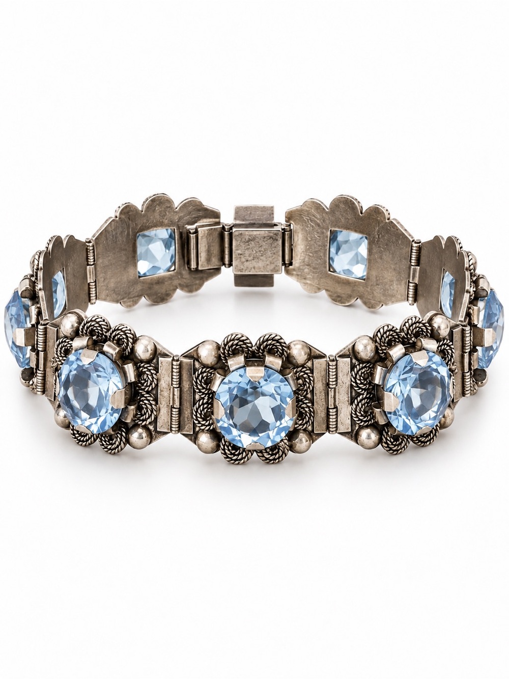 Vintage Mexican Taxco Style Blue Glass Rhinestone Panel Bracelet Filigree